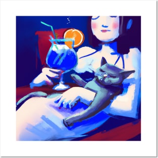 Vacation Lady Loves a Good Cocktail and Her Blue Cat Posters and Art